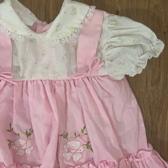 VTG 80s Cradle Togs FLORAL EYELET PRARIE BIB DRESS 12m 26-31lbs Made In USA Pink - Picture 2 of 8